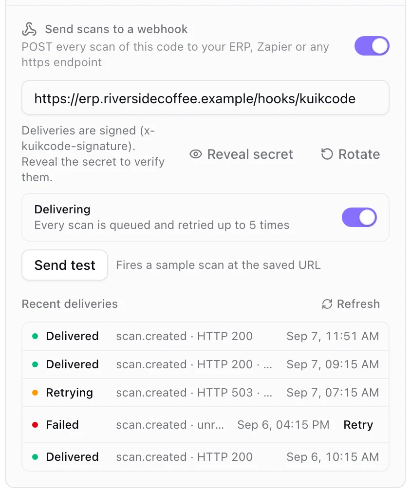 The webhook card of a saved code: URL, Reveal secret and Rotate, the Delivering switch, Send test, and Recent deliveries with Delivered, Retrying and Failed rows
