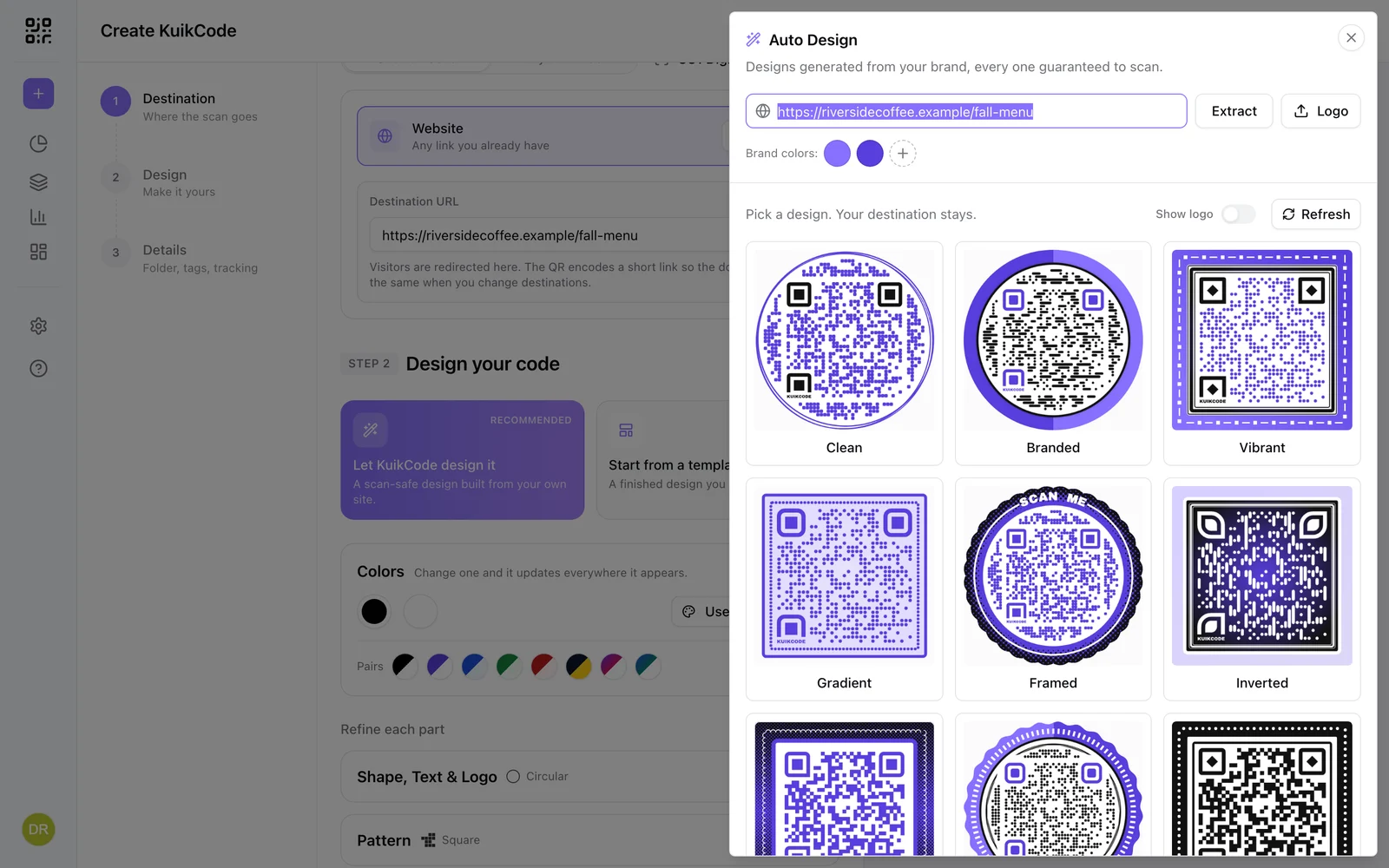The Auto Design sheet with extracted brand colors and generated variants