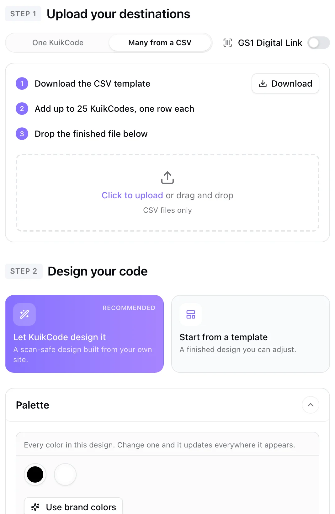 The bulk panel: download the template, add rows, drop the file