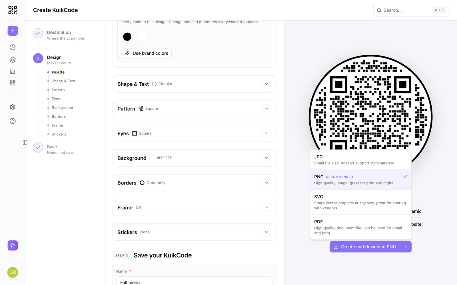 The format picker: JPG, PNG, SVG and PDF