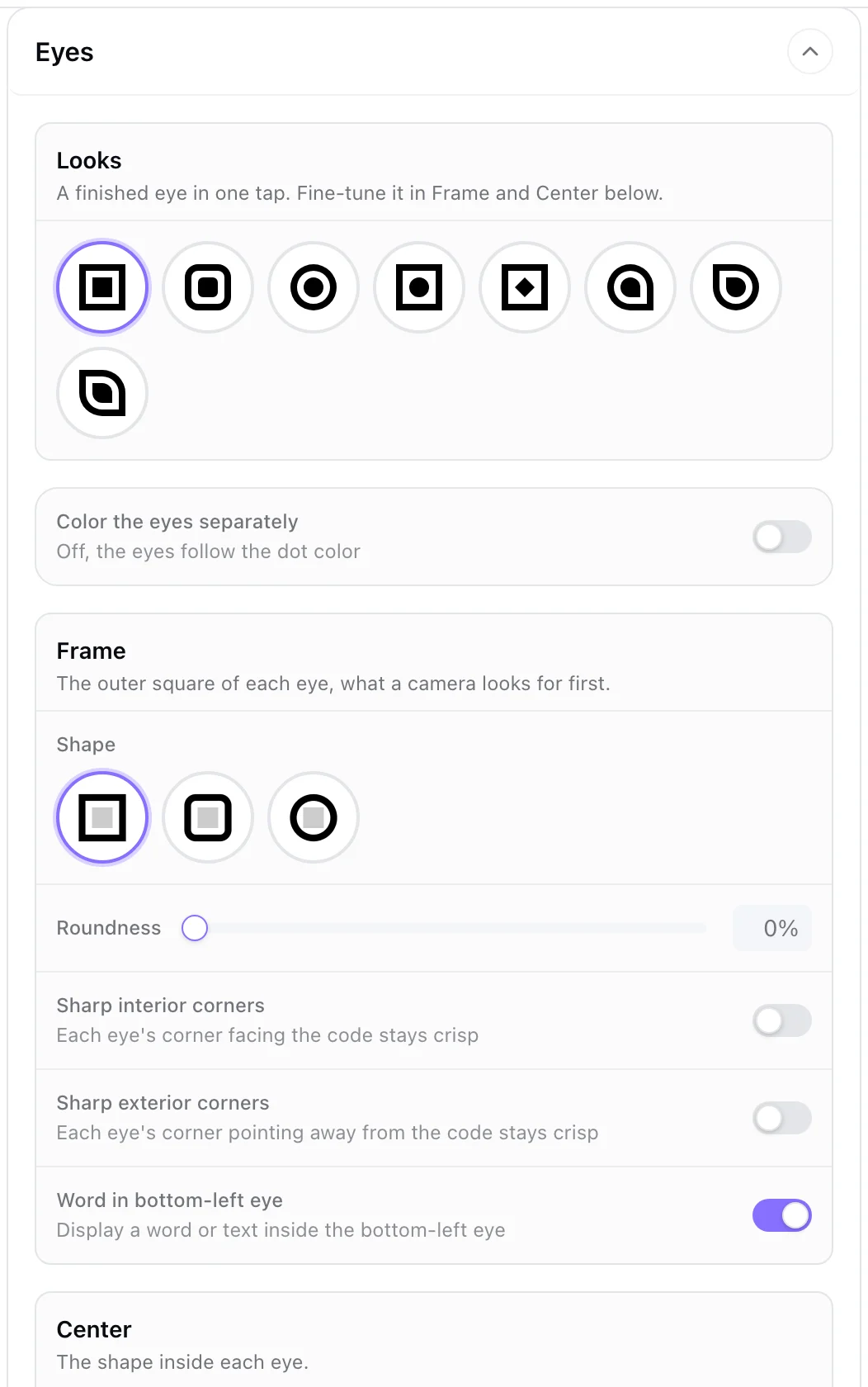 The Eyes section: frame and center shapes