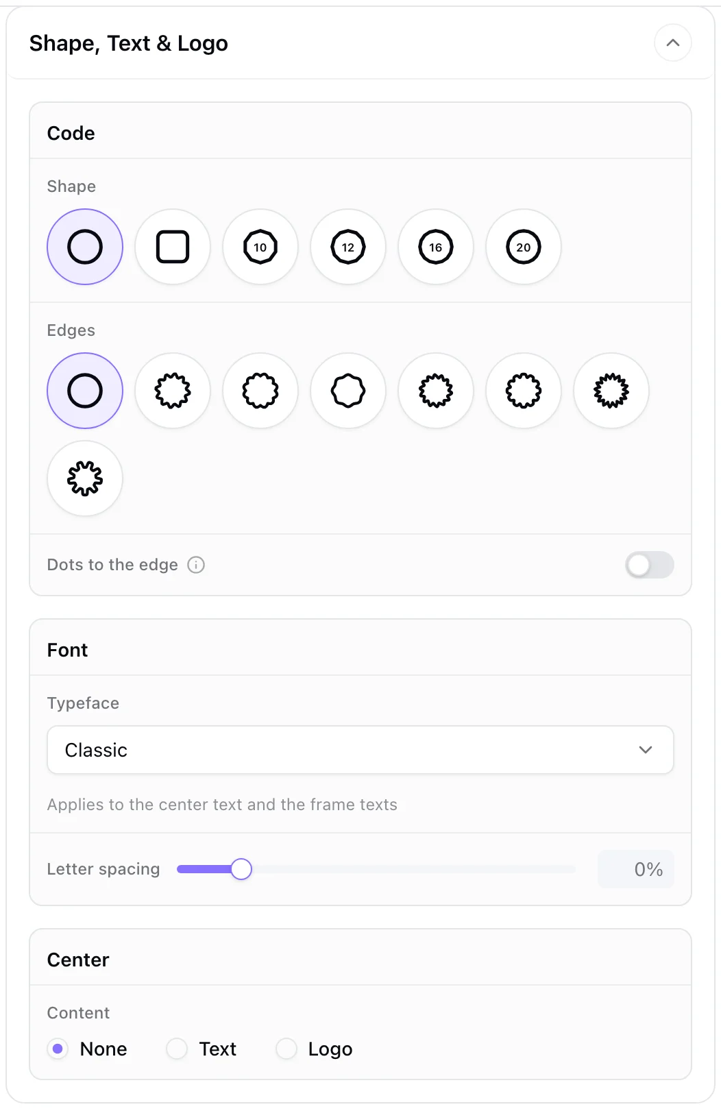 The Shape, Text & Logo section: code shape, edges, font and center content