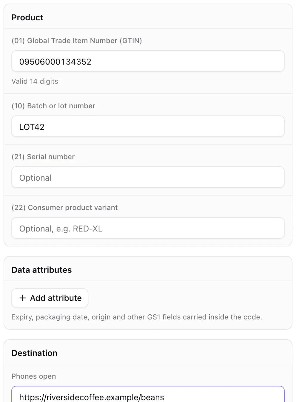 The GS1 fields: product identifiers, data attributes and the phone destination