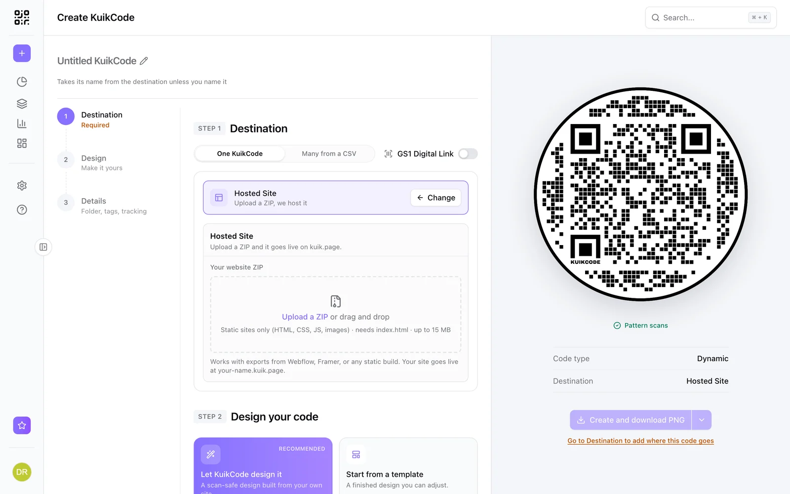Hosted Site destination: drop a ZIP of a static site and it goes live on kuik.page