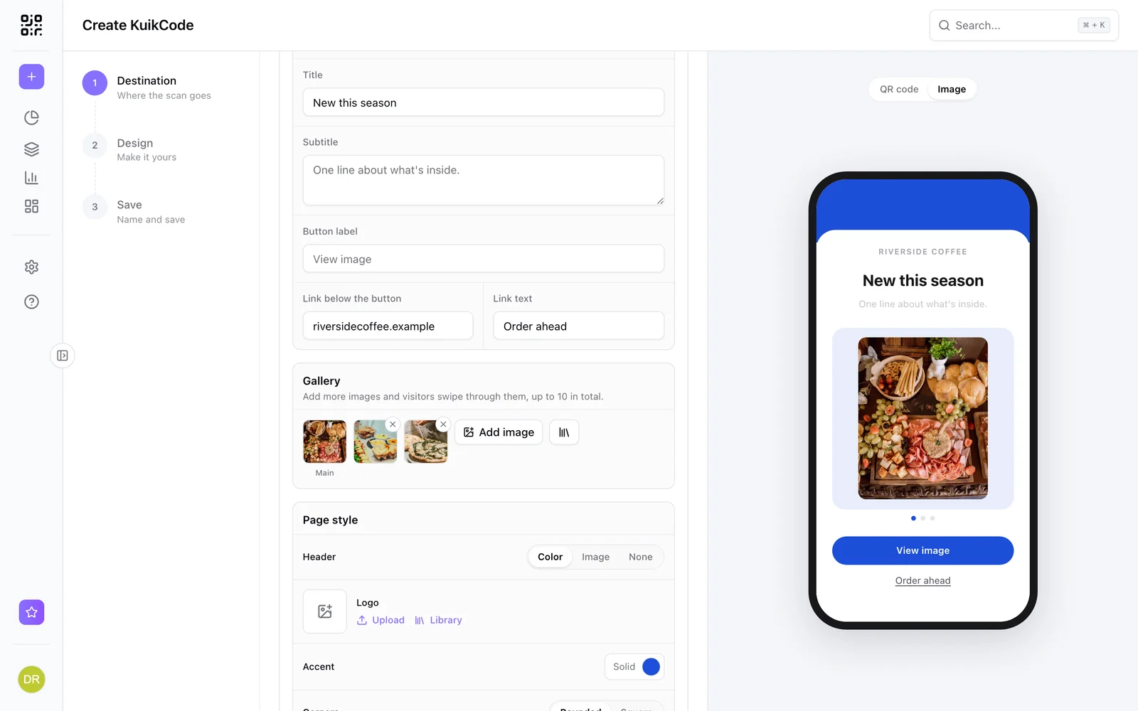 Image destination with a three-image gallery, and the phone showing the swipe gallery