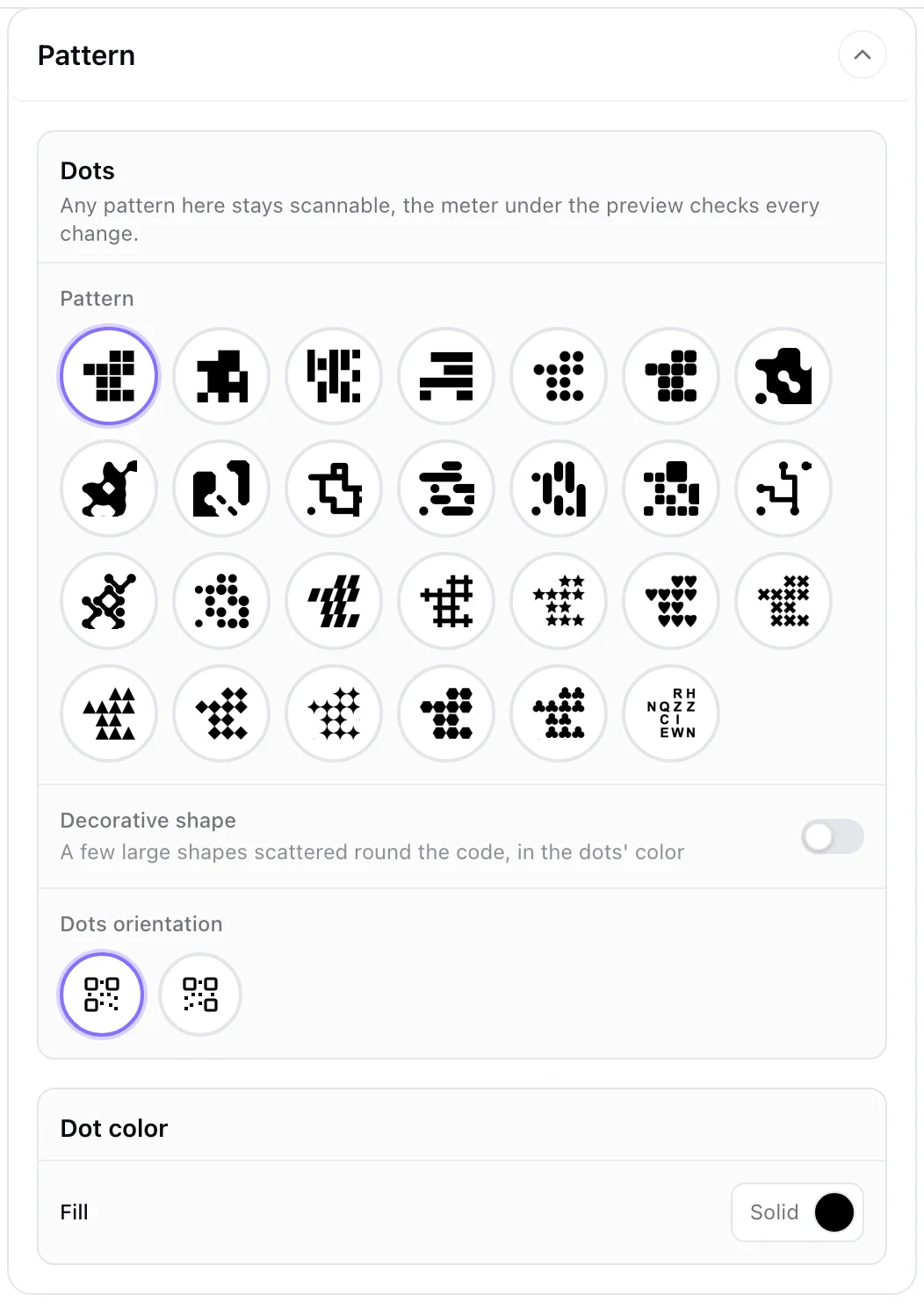 The Pattern section: dot shapes and dot color
