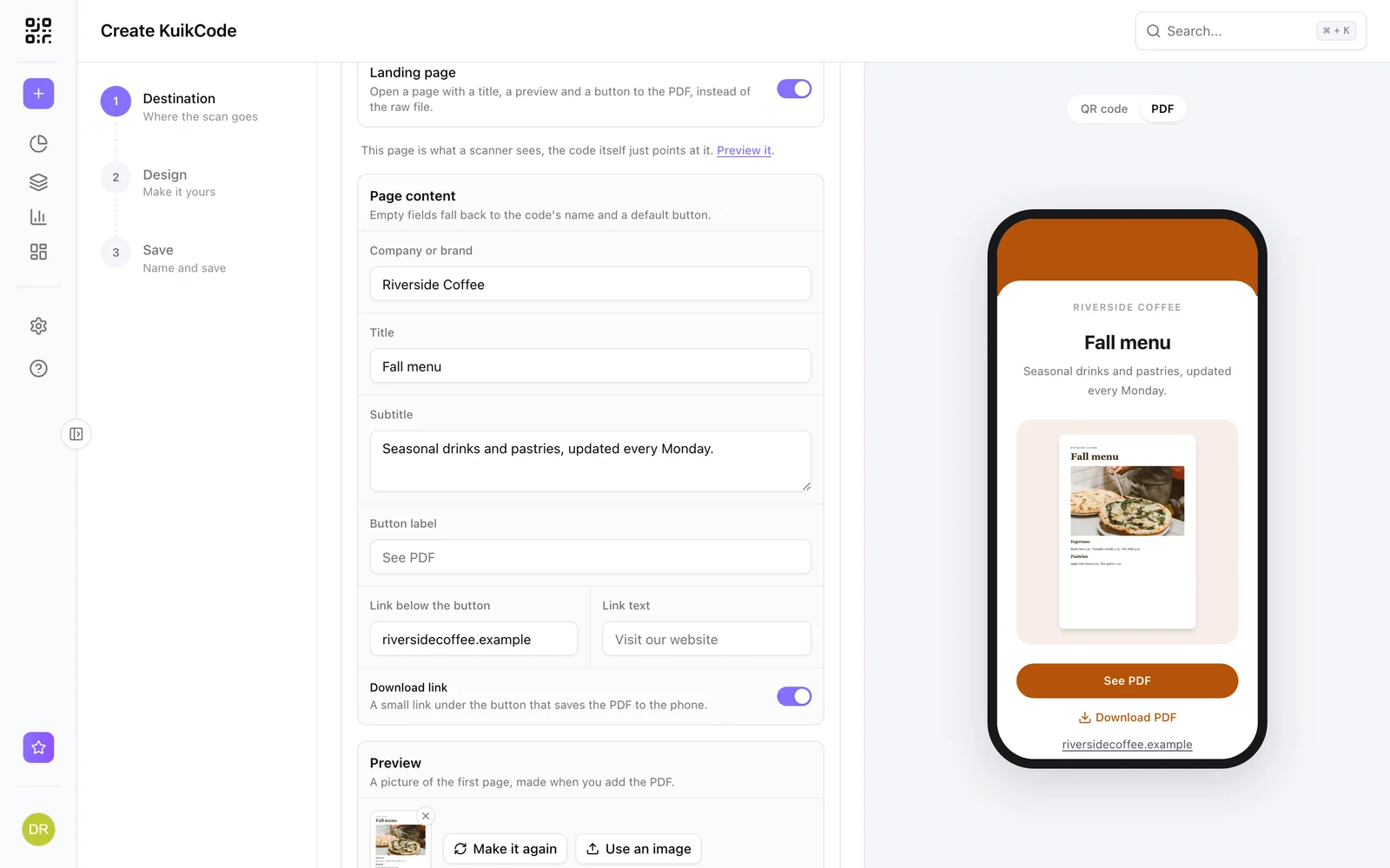 PDF destination with the landing page on: page content fields, the first-page preview, and the phone showing the page