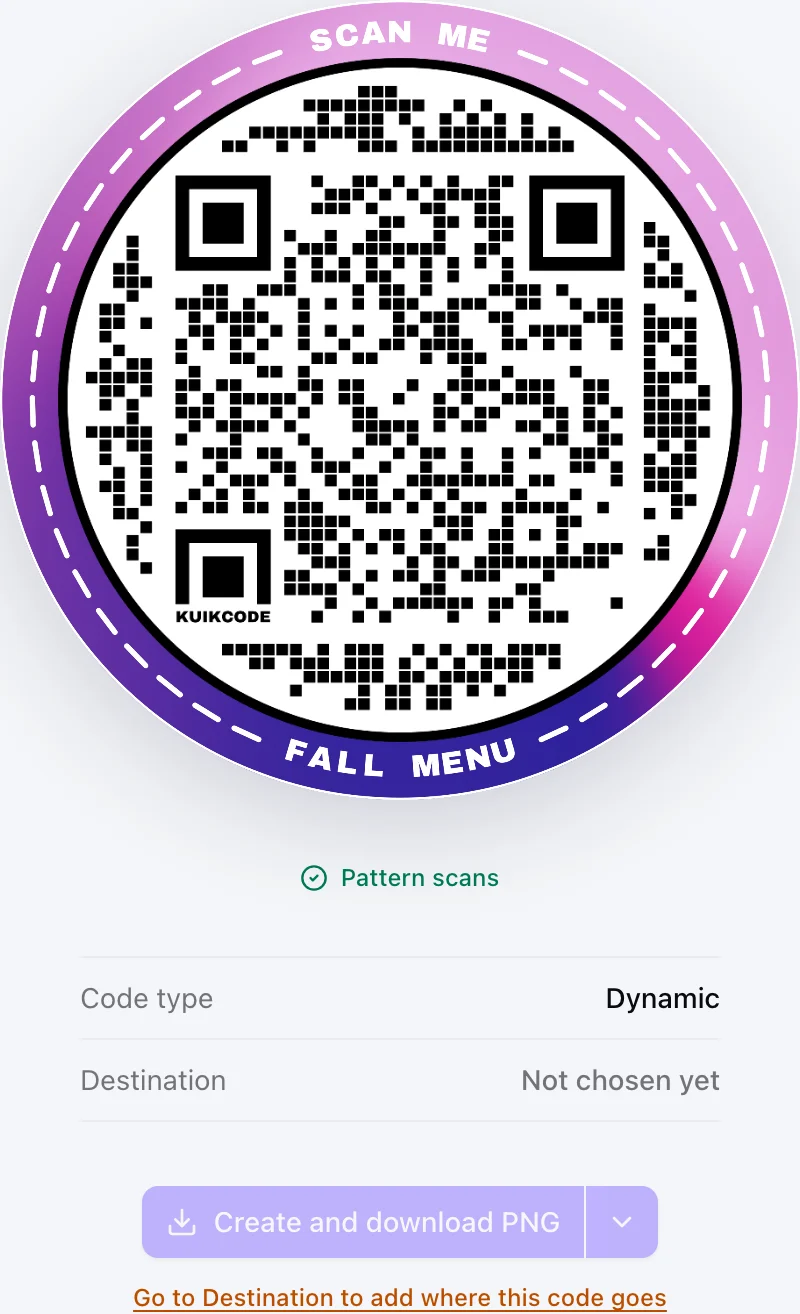 The preview column with the Scan verified badge, code type and destination