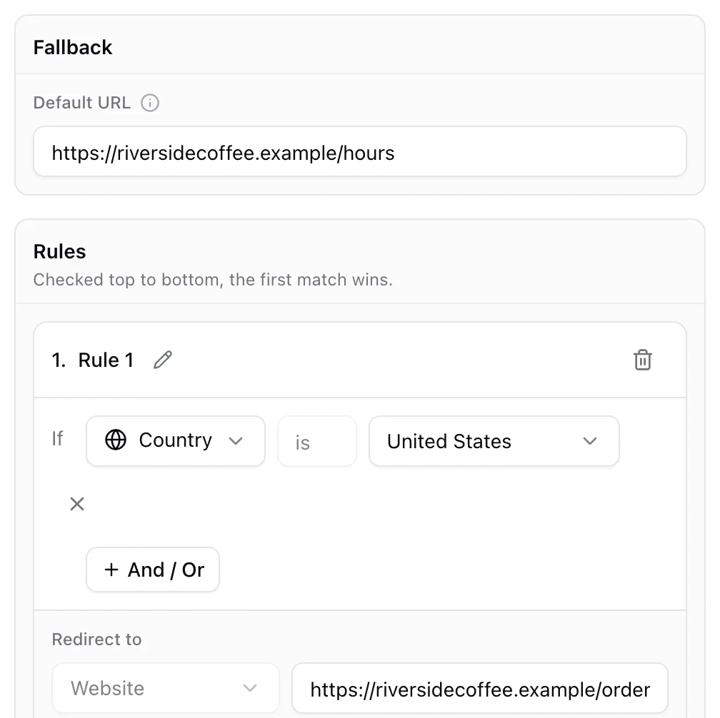 A Smart Rules destination: fallback URL and a first rule for the United States