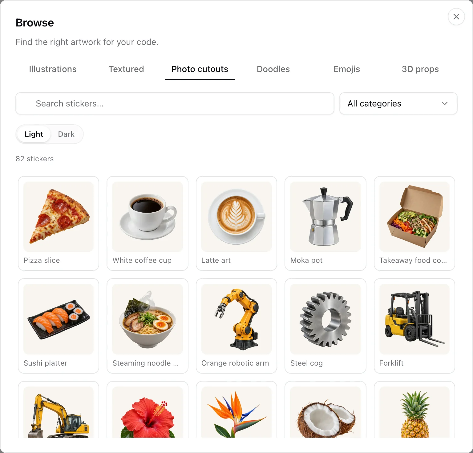 The Browse dialog with the Photo cutouts collection, a category menu and a search field