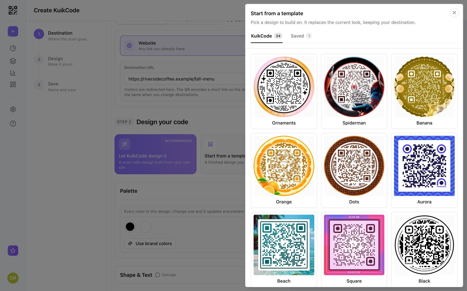 The template gallery: KuikCode designs and your saved ones