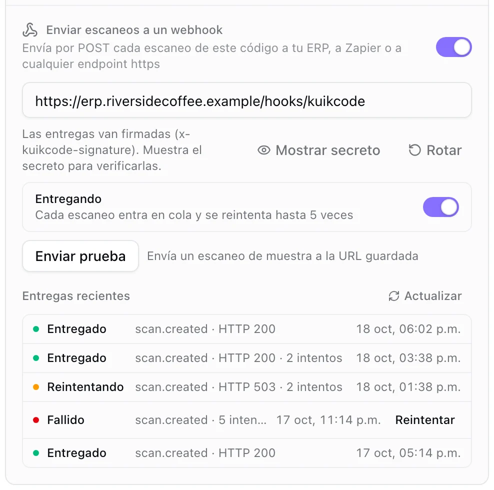 La tarjeta del webhook de un código guardado: URL, Mostrar secreto y Rotar, el interruptor Entregando, Enviar prueba y Entregas recientes con filas Entregado, Pendiente y Fallido