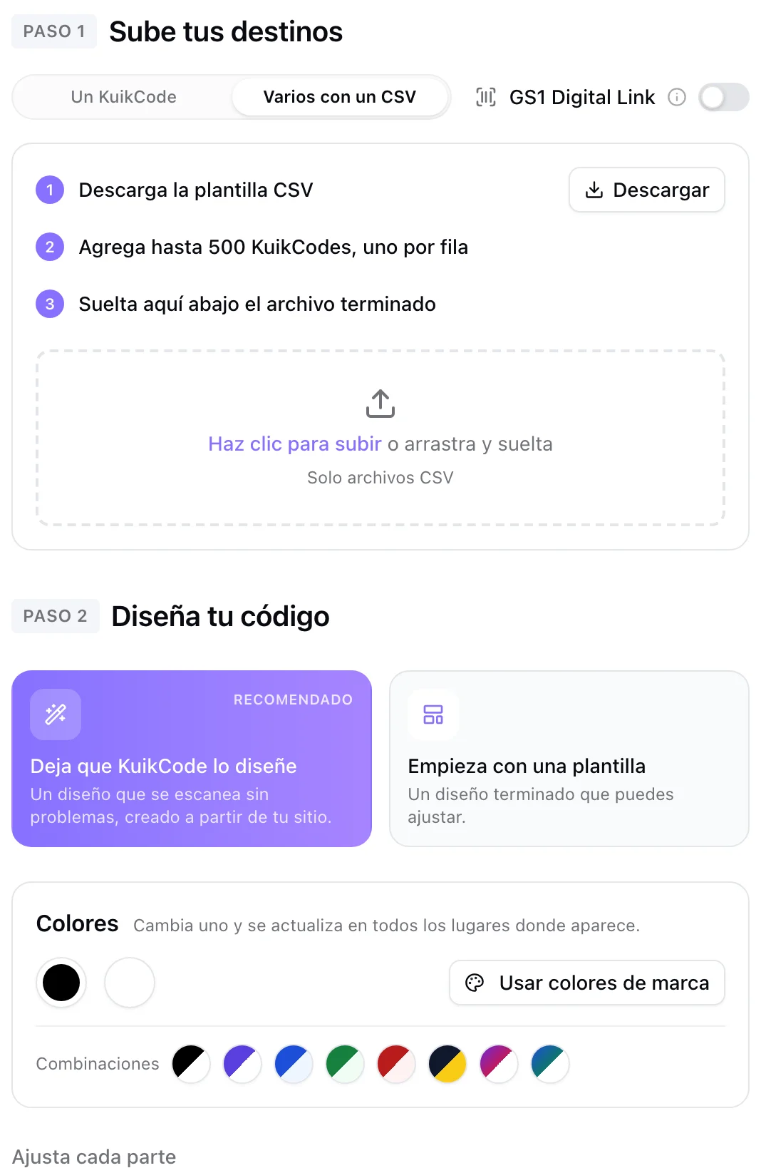 El panel de creación en lote: descarga la plantilla, agrega filas, suelta el archivo