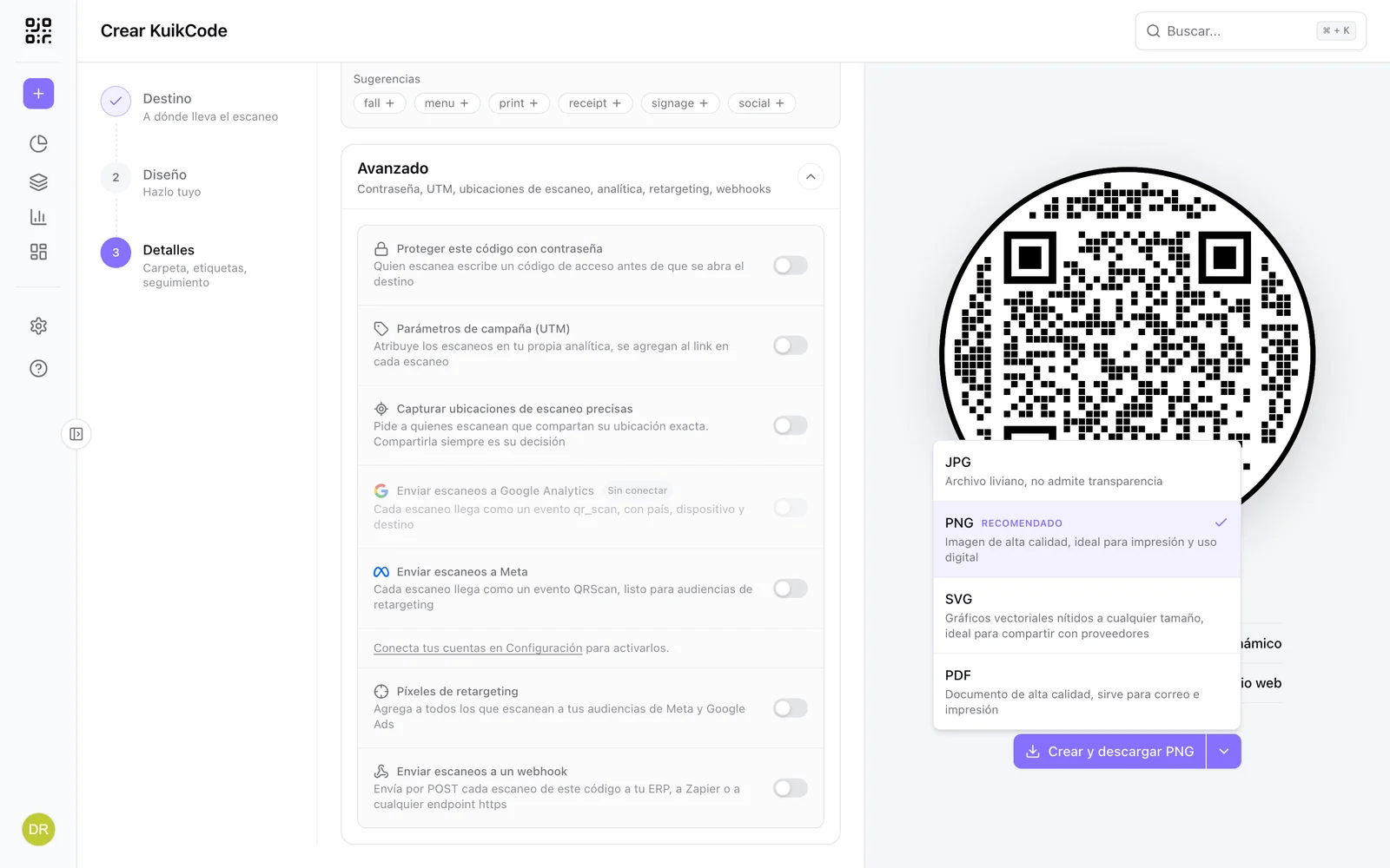 El selector de formato: JPG, PNG, SVG y PDF