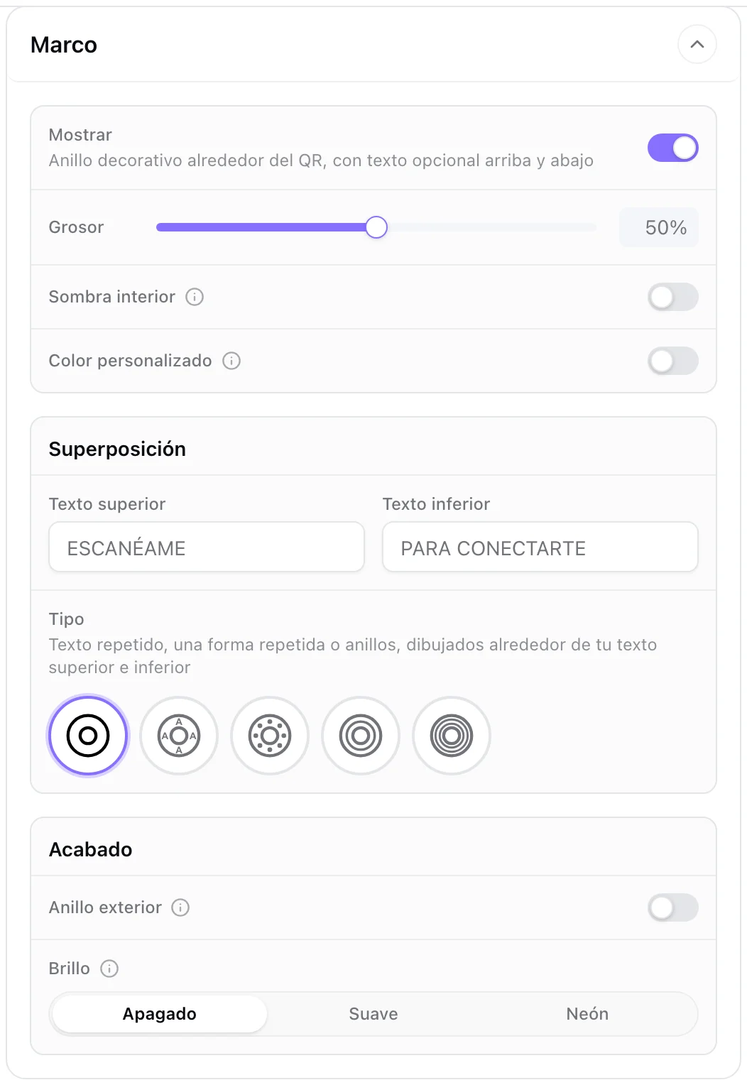 La sección Marco: relleno, textos de superposición y acabado