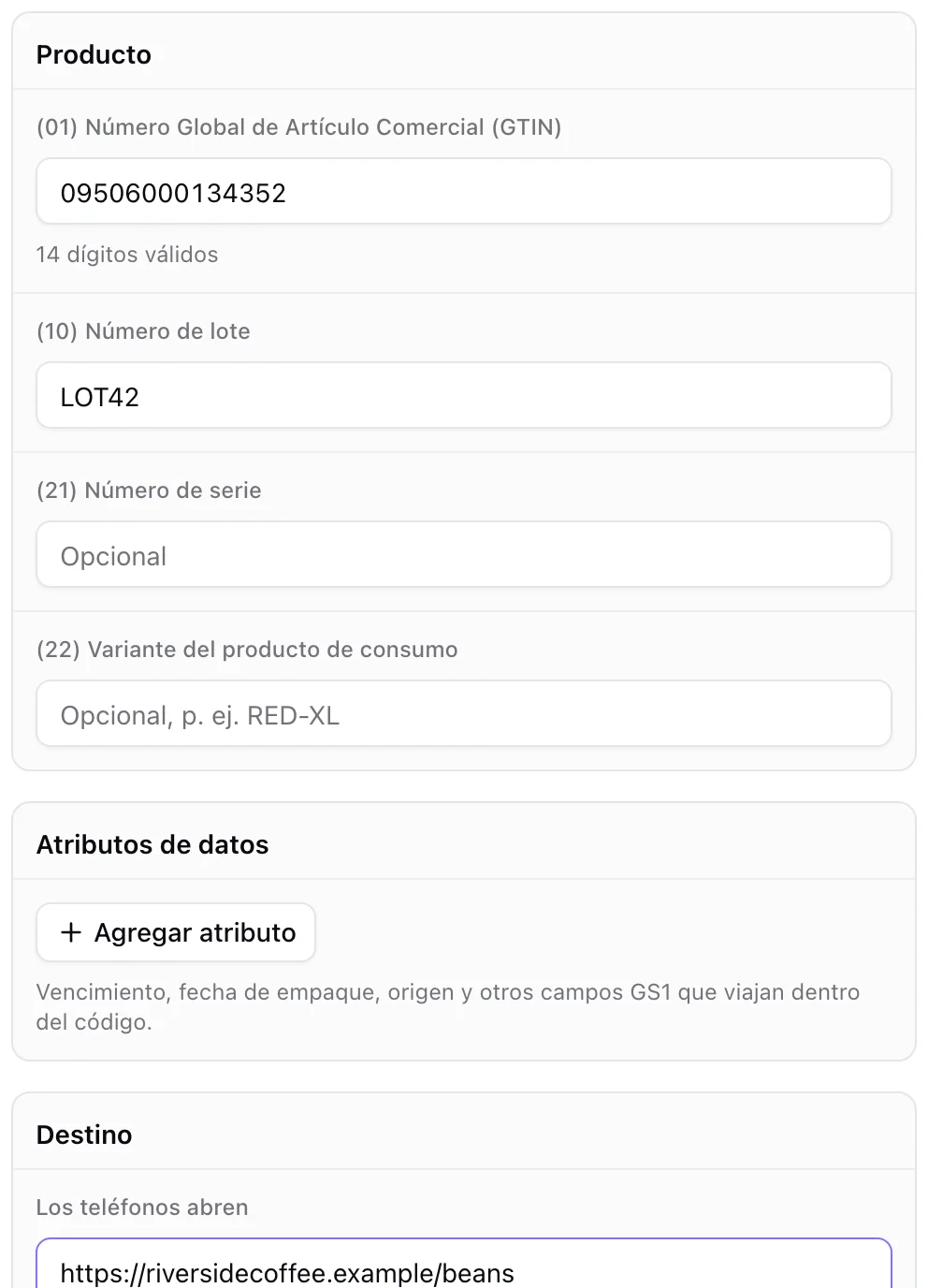 Los campos GS1: identificadores del producto, atributos de datos y el destino para teléfonos