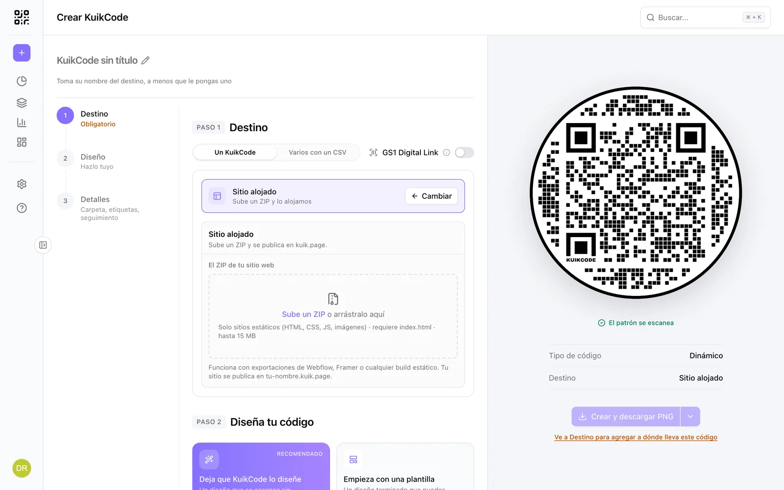 Destino Sitio alojado: sube el ZIP de un sitio estático y se publica en kuik.page