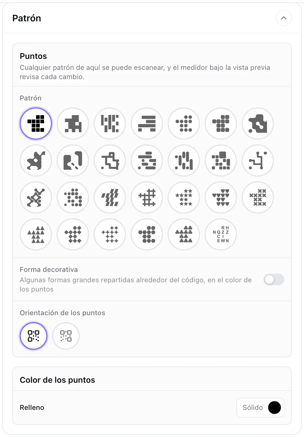 La sección Patrón: las formas y el color de los puntos