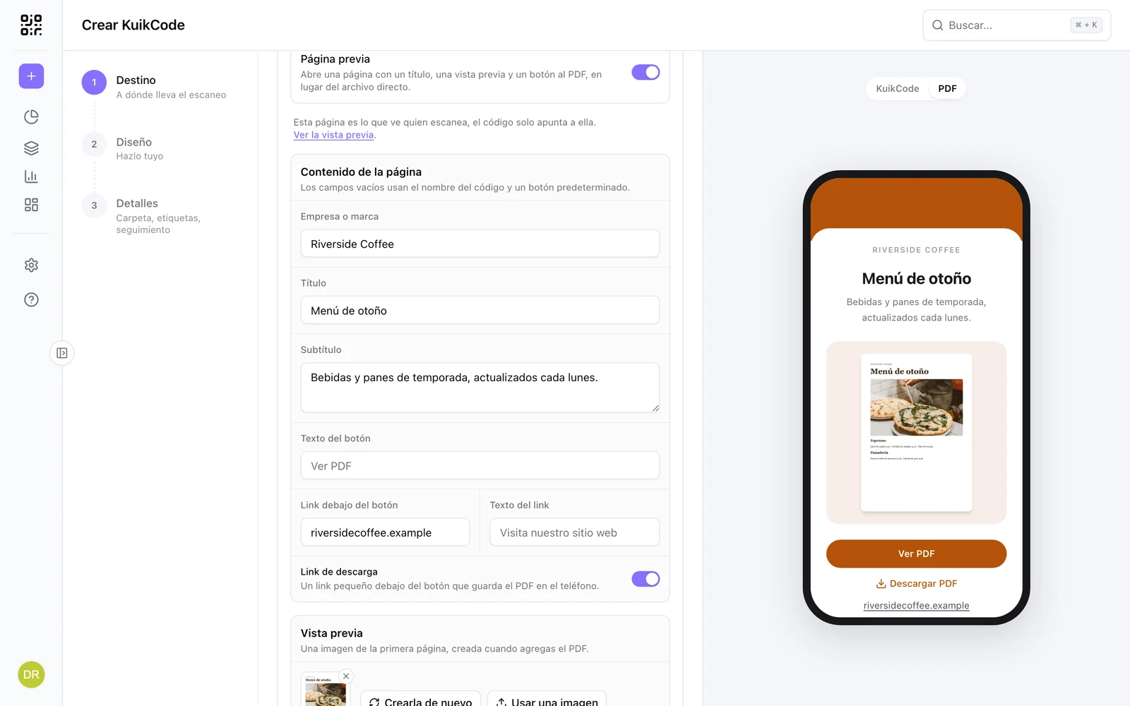 Destino PDF con la página previa activada: los campos del contenido de la página, la vista previa de la primera página y el celular mostrando la página