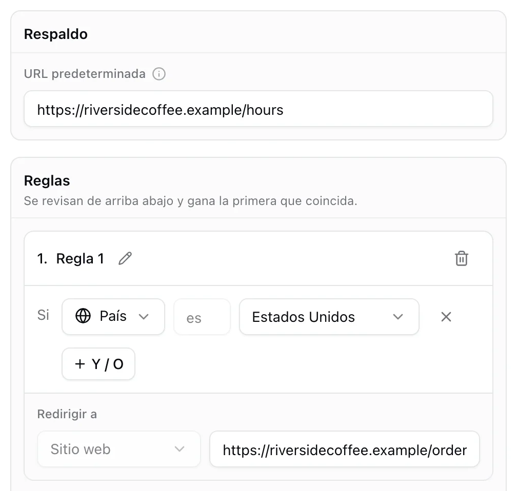 Un destino Reglas inteligentes: la URL de respaldo y una primera regla para Estados Unidos