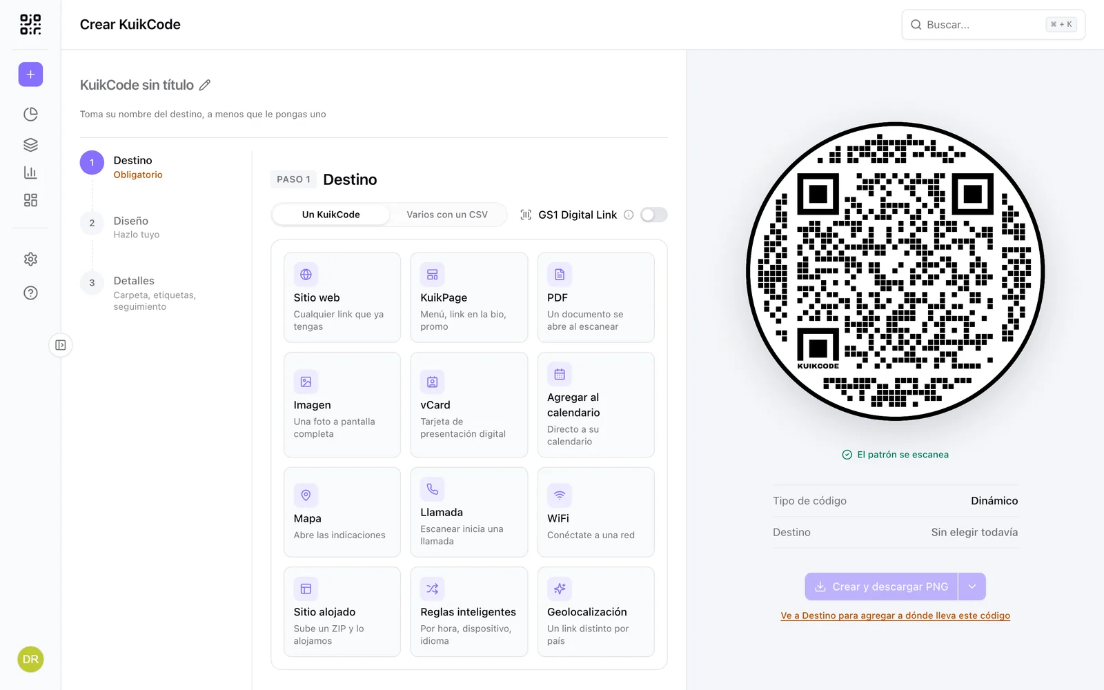 Paso 1 del editor: las tarjetas de destino y la vista previa en vivo