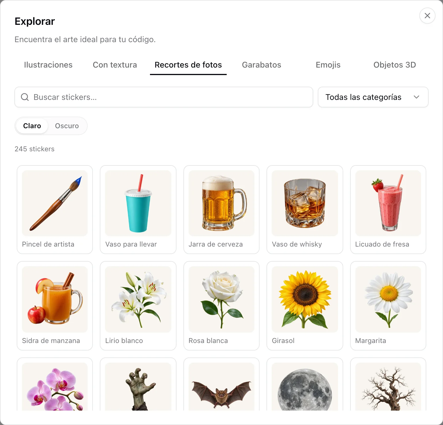 El diálogo Explorar con la colección Recortes de fotos, un menú de categorías y un campo de búsqueda
