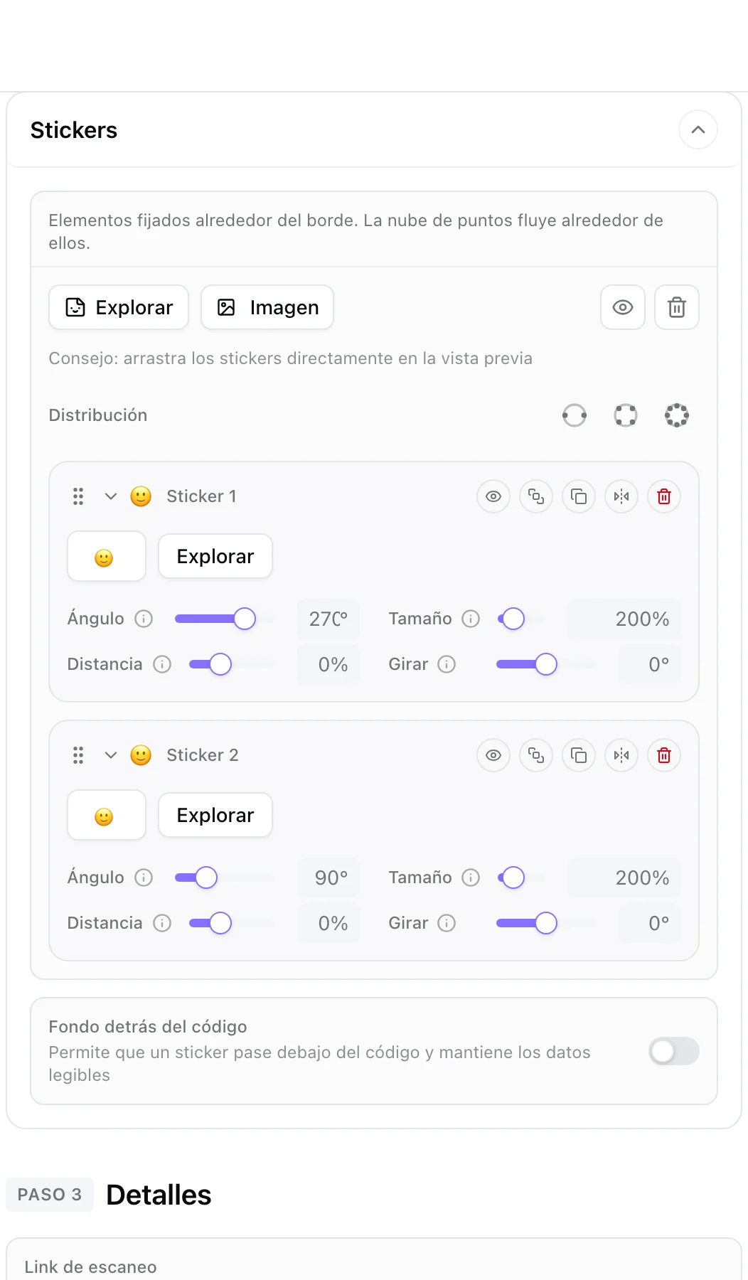 La sección Stickers con dos stickers de emoji como tarjetas de capa y las opciones de Distribución