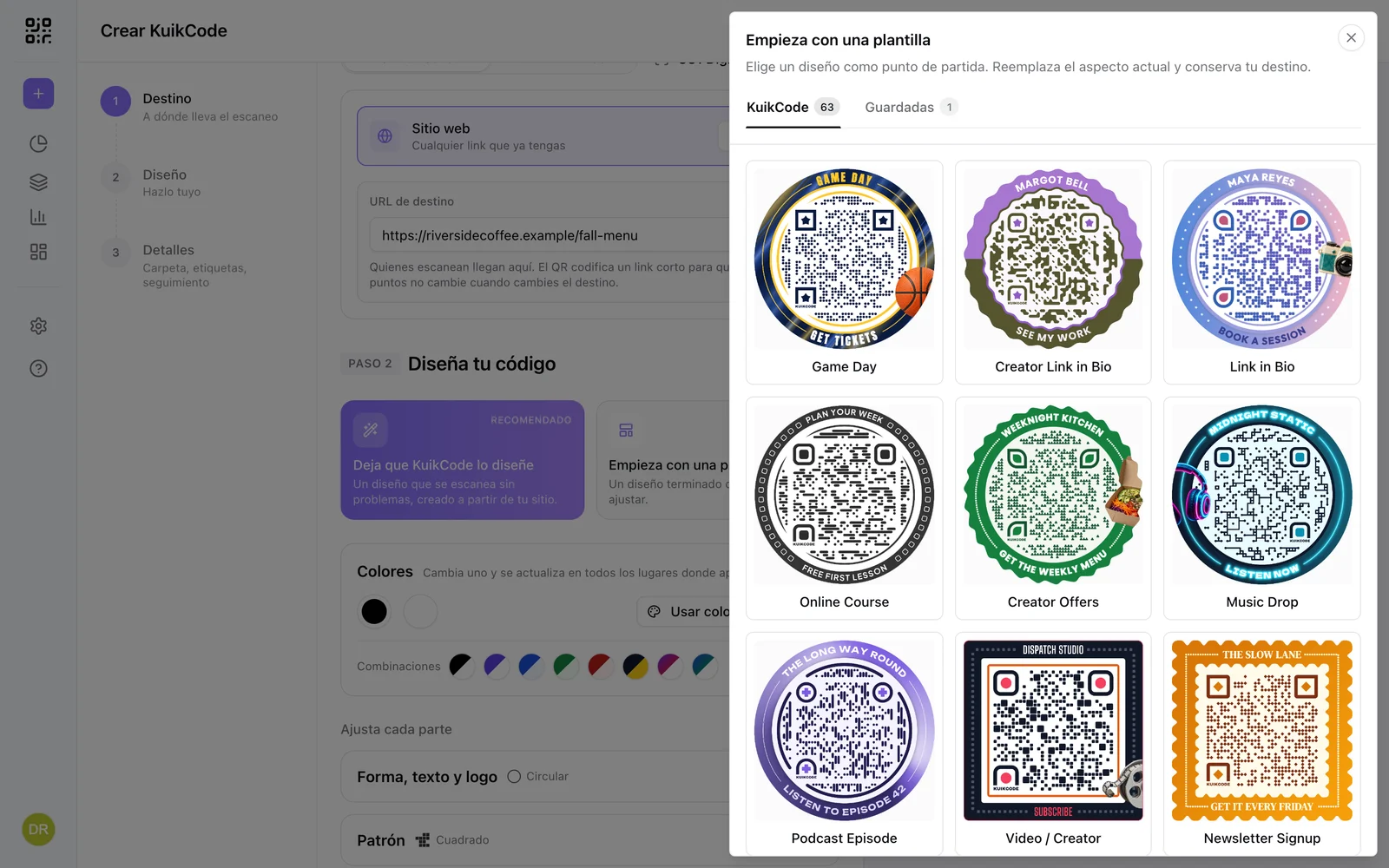 La galería de plantillas: los diseños de KuikCode y los que guardaste