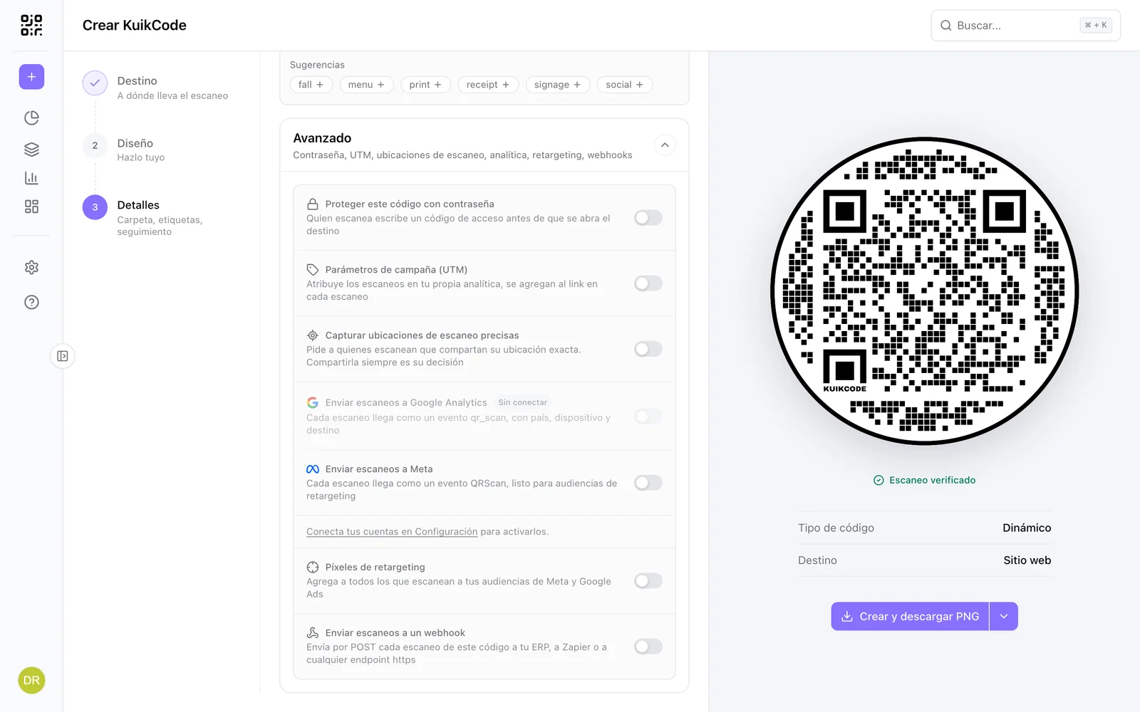 El panel Avanzado con la fila Píxeles de retargeting