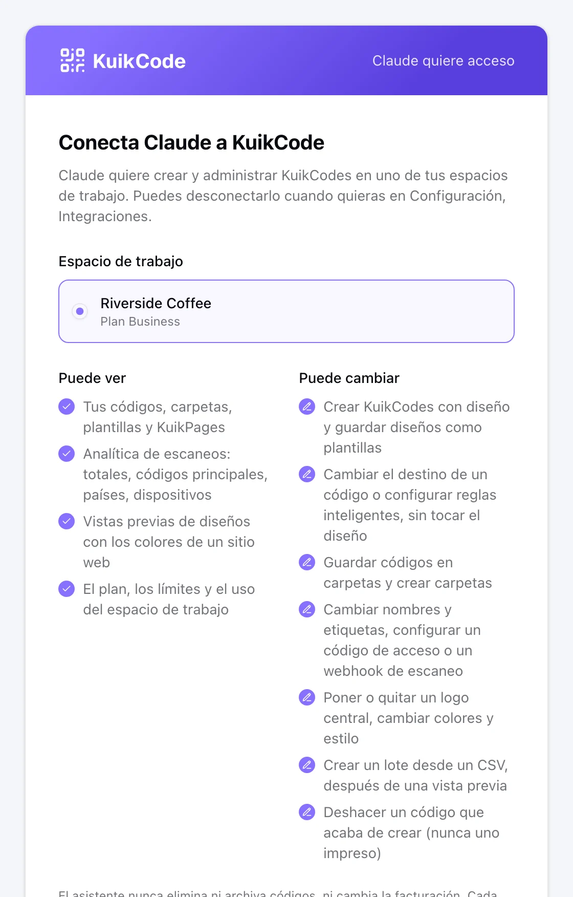 La pantalla de consentimiento de KuikCode para un asistente: el espacio de trabajo que se conecta, lo que el asistente puede ver y cambiar, Cancelar y Permitir