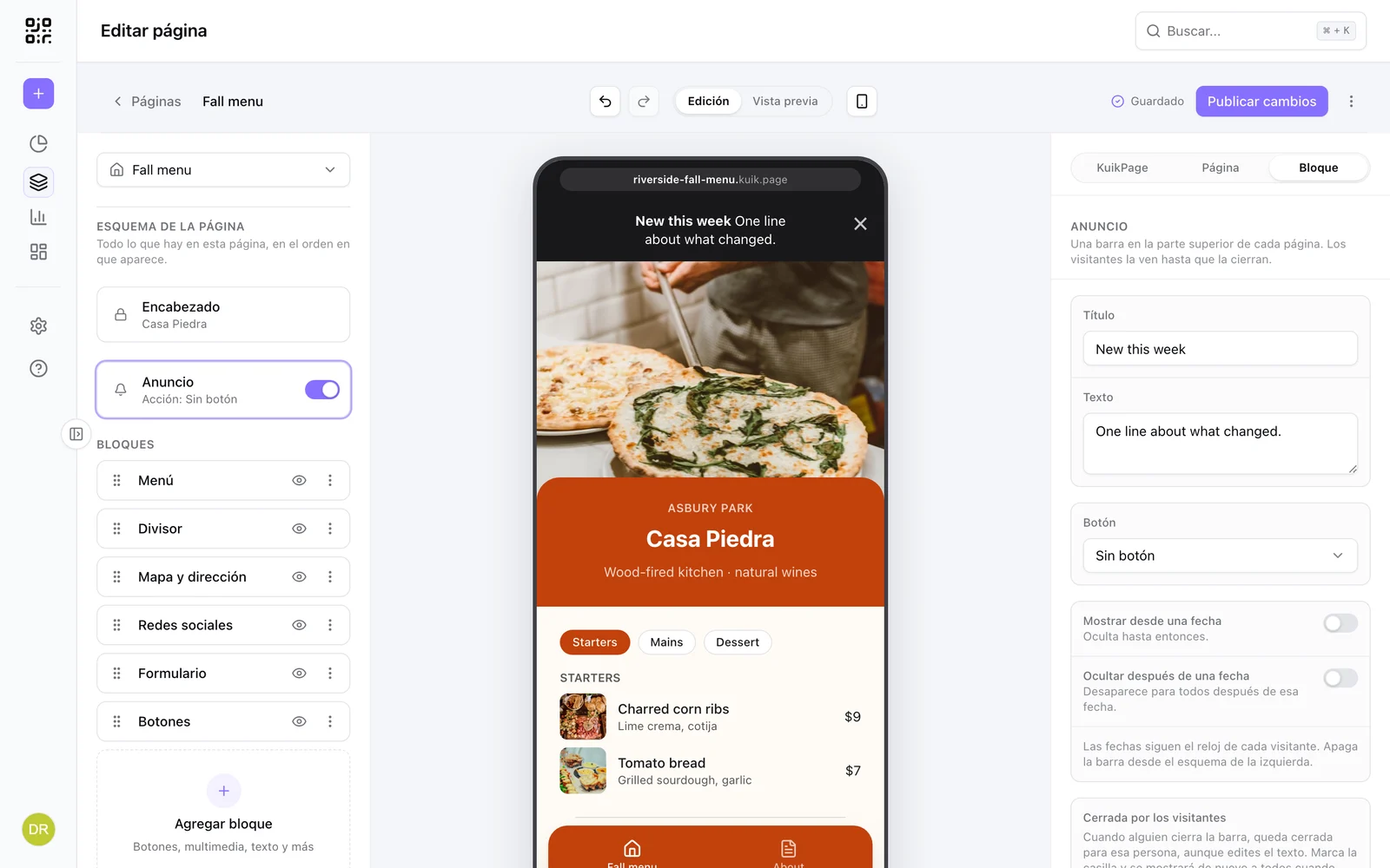 La barra de anuncios en el lienzo y su configuración: título, texto, botón, programación y cierres