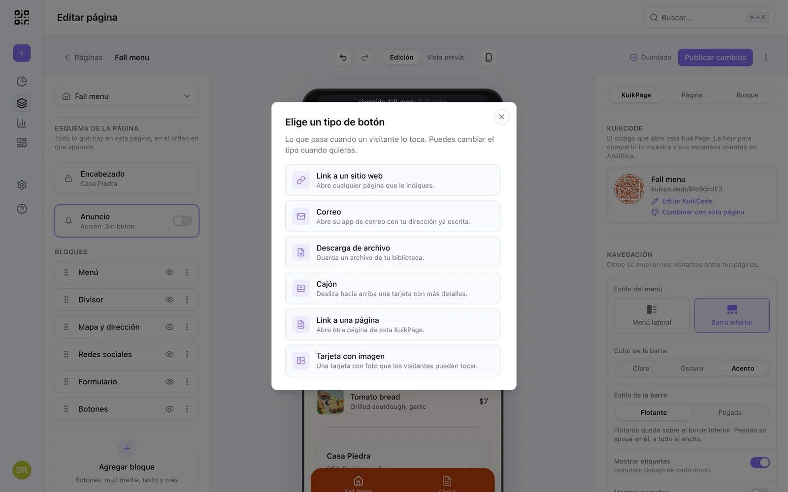 Elige un tipo de botón: Link a un sitio web, Correo, Descarga de archivo, Cajón, Link a una página, Tarjeta con imagen
