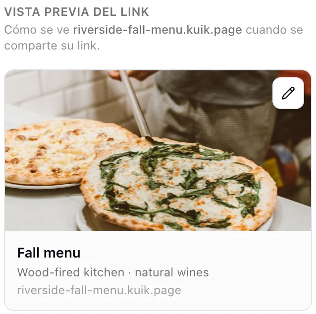 La tarjeta de vista previa del link de una página publicada