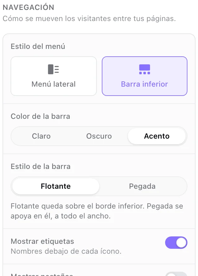 Navegación: Menú lateral o Barra inferior, y Mostrar pestañas
