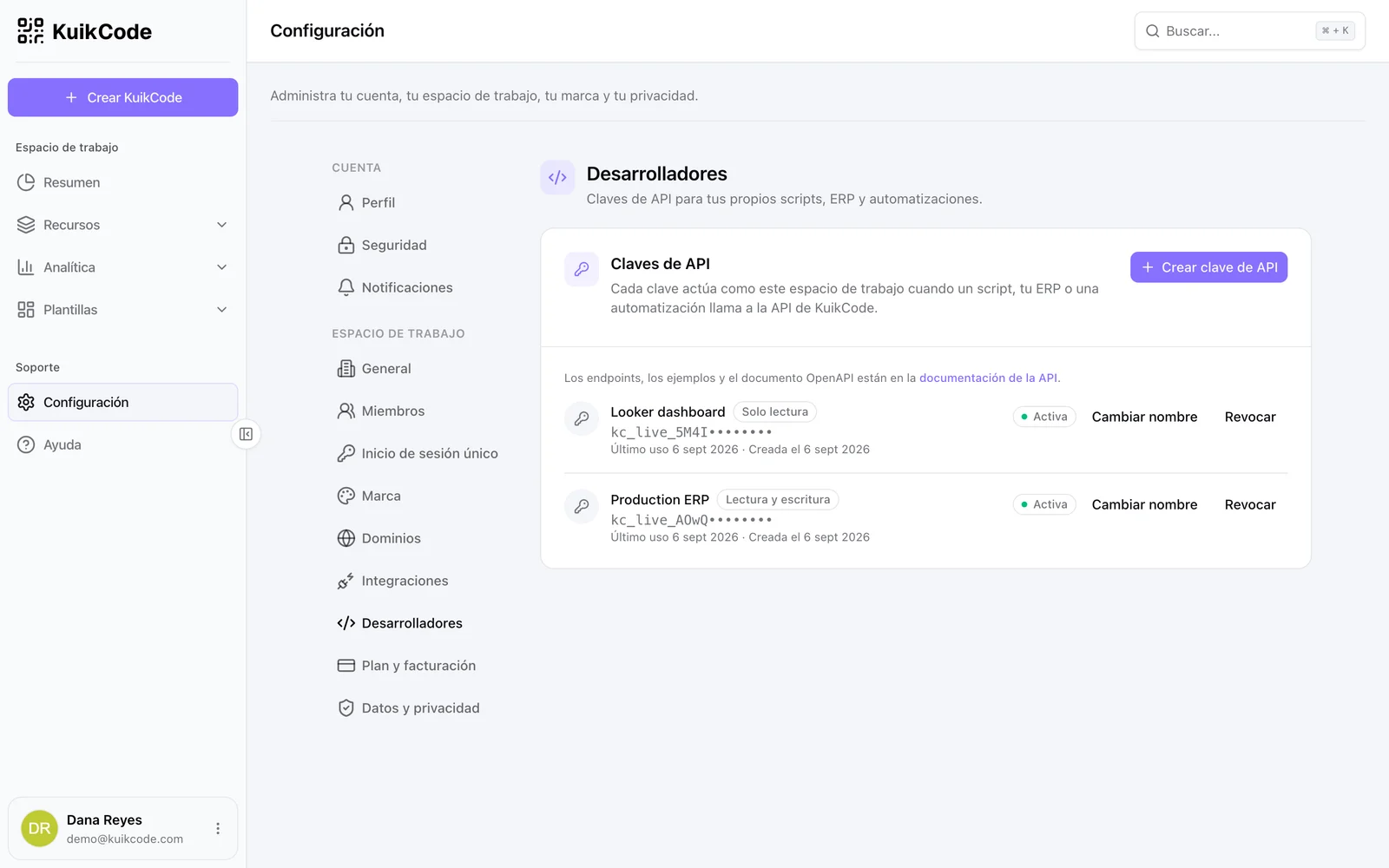 Configuración, Desarrolladores: la tarjeta Claves de API