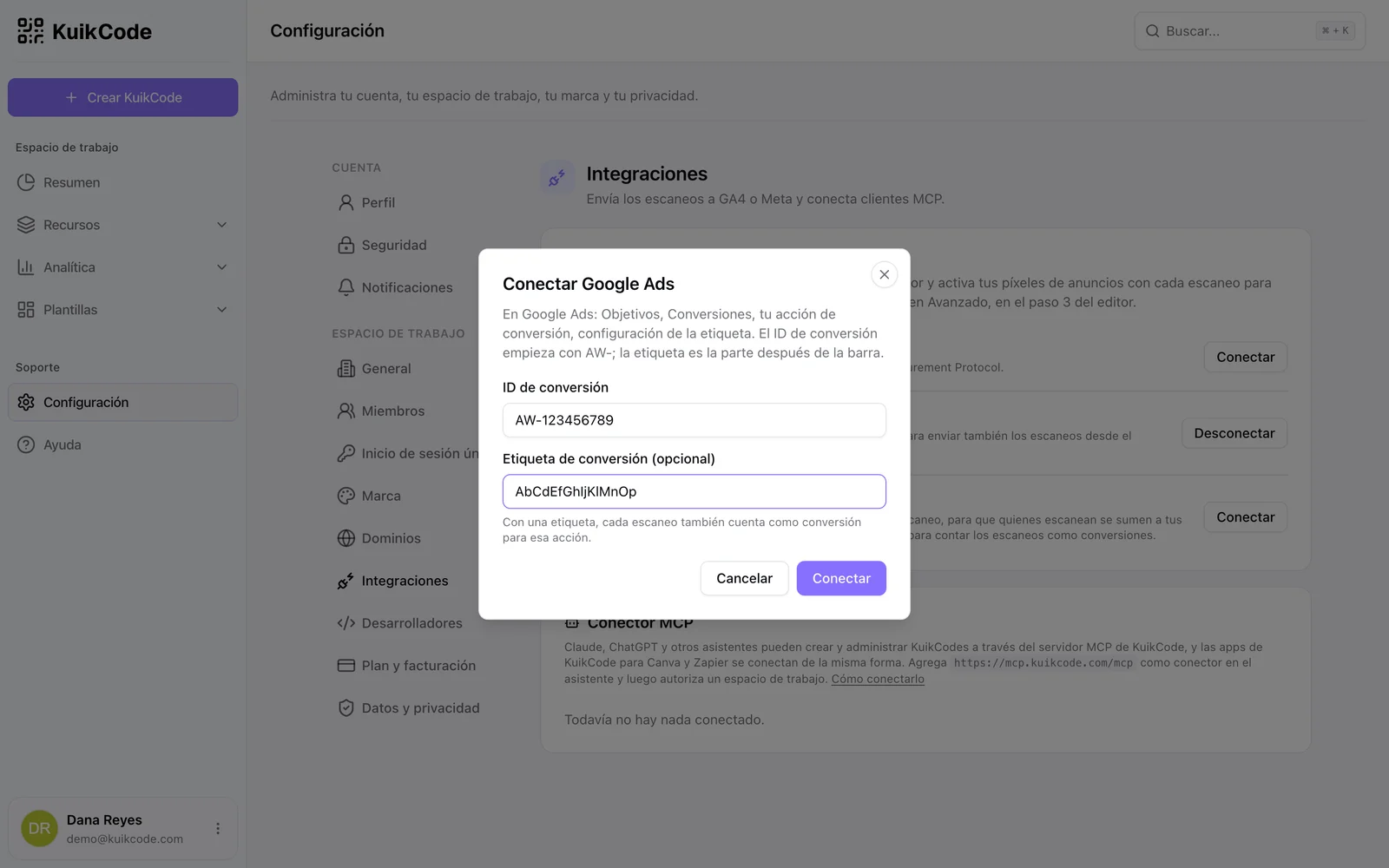 Conectar Google Ads: ID de conversión y etiqueta de conversión opcional