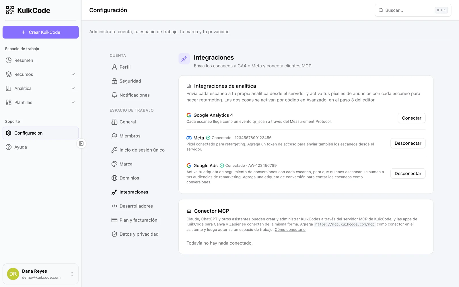 Configuración, Integraciones con Meta y Google Ads conectados