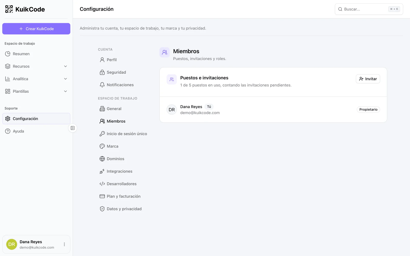 Configuración, Miembros: puestos e invitaciones