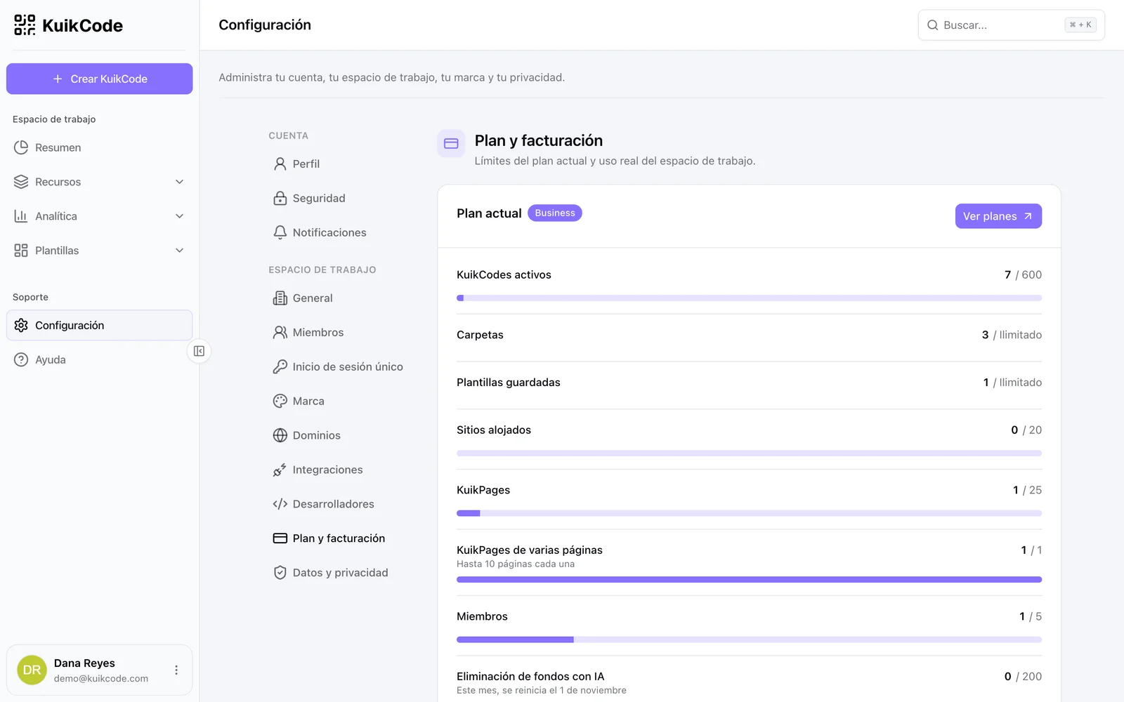 Configuración, Plan y facturación: el plan actual y el uso frente a cada límite