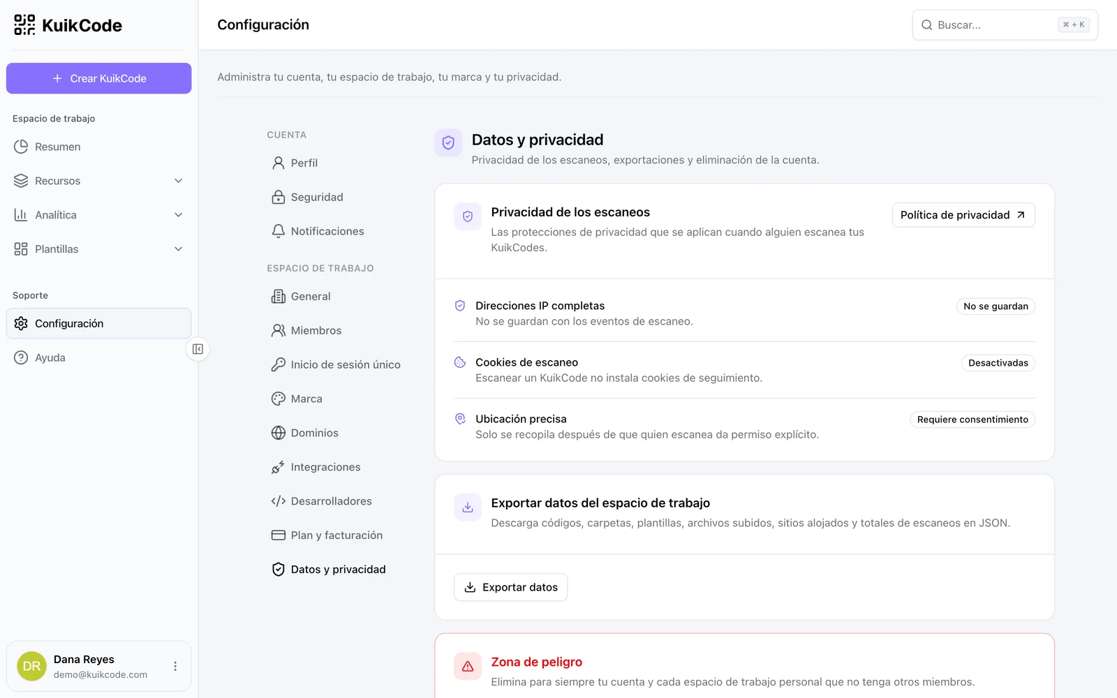 Configuración, Datos y privacidad
