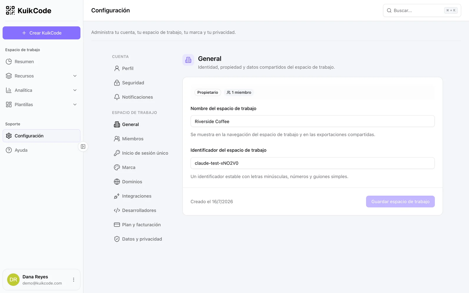 Configuración, General: nombre e identificador del espacio de trabajo