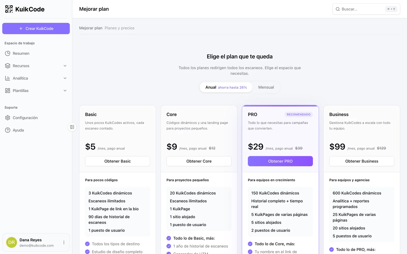 La página de comparación de planes en el panel