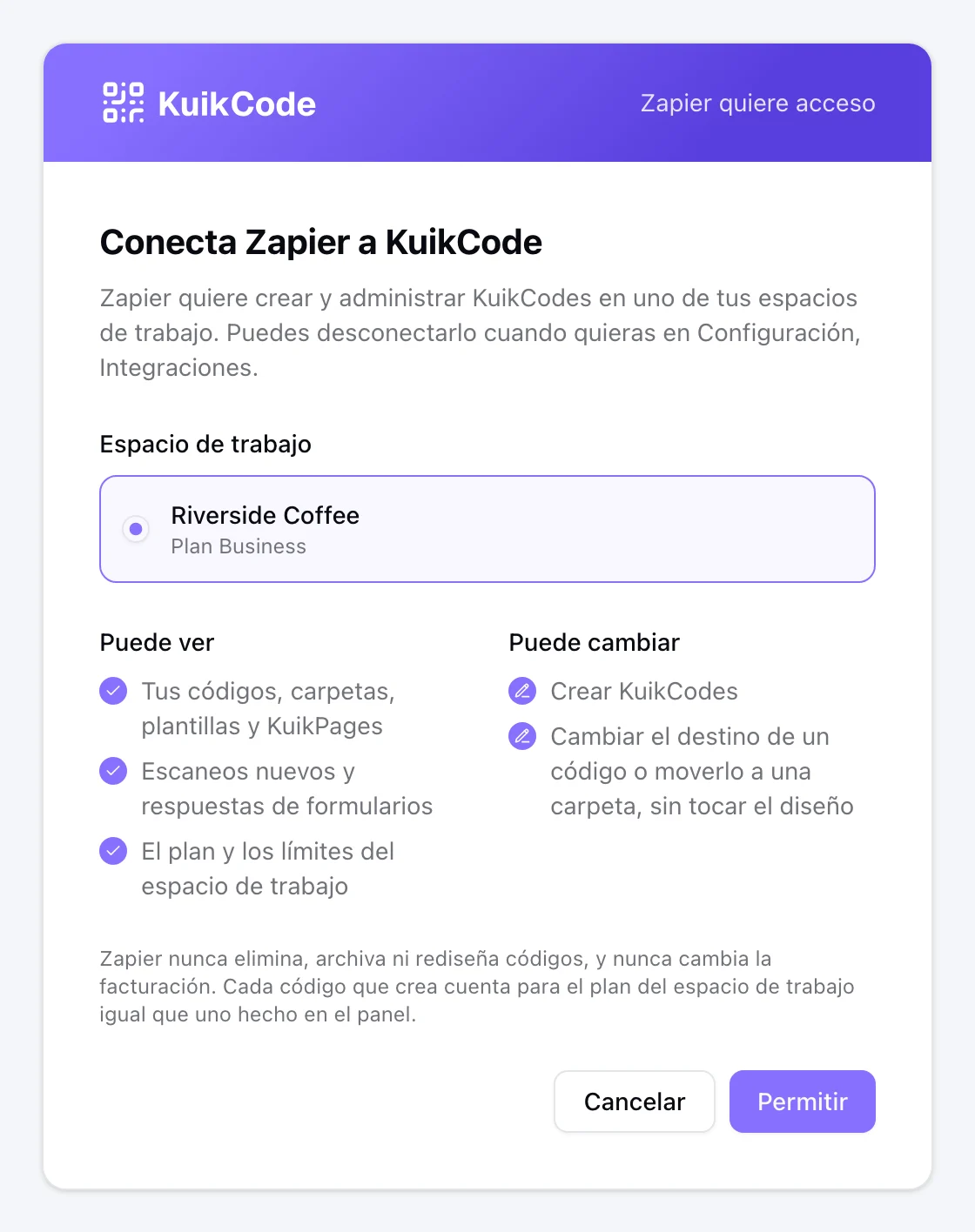 La pantalla de consentimiento de KuikCode para Zapier: el espacio de trabajo que se conecta, lo que Zapier puede ver y cambiar, Cancelar y Permitir
