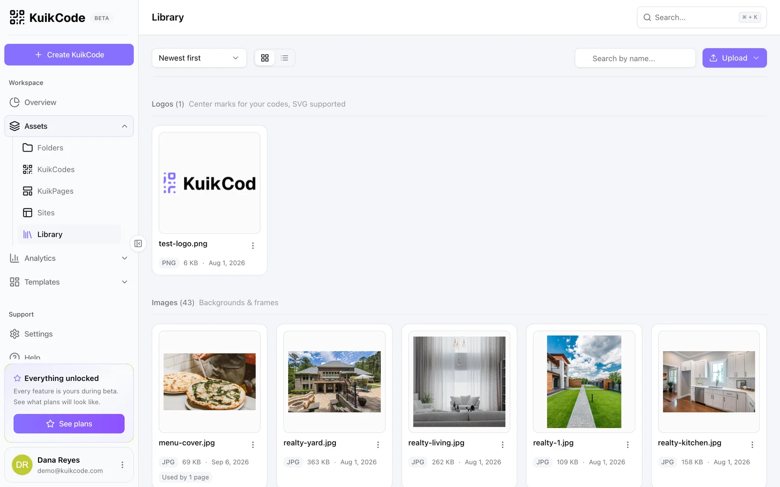 The Library: logos and images with size and date
