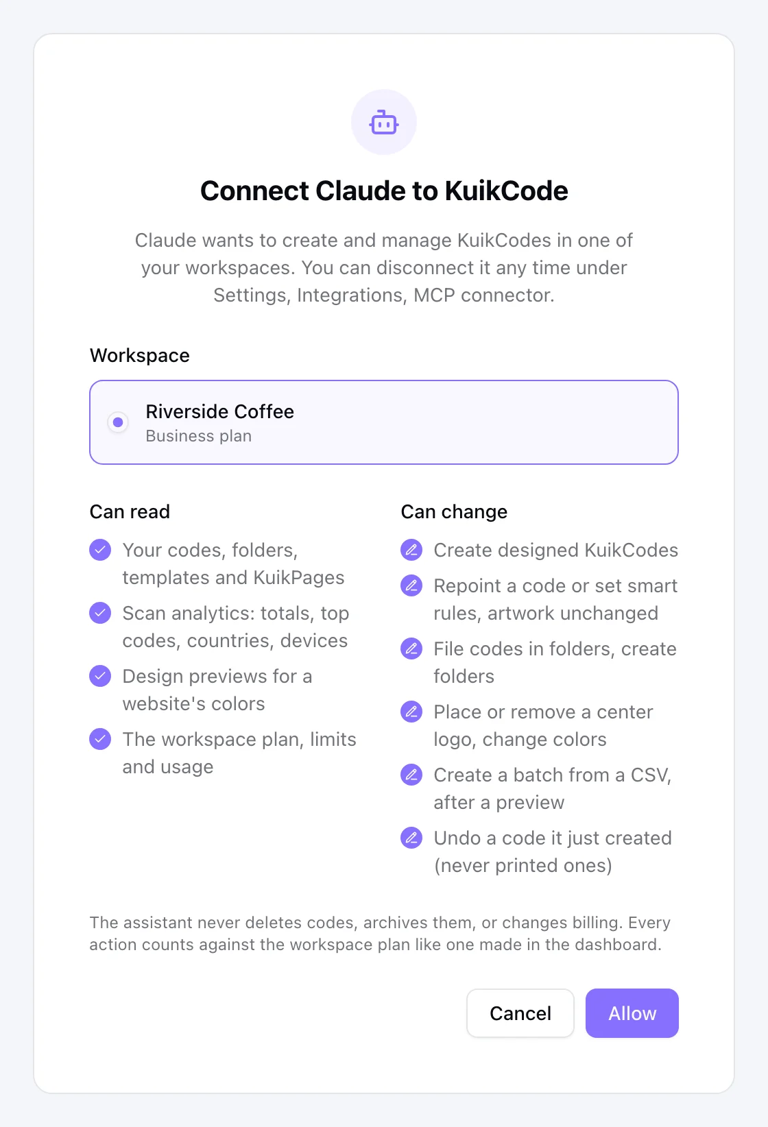 The KuikCode consent screen for an assistant: the workspace to connect, what the assistant can read and change, Cancel and Allow
