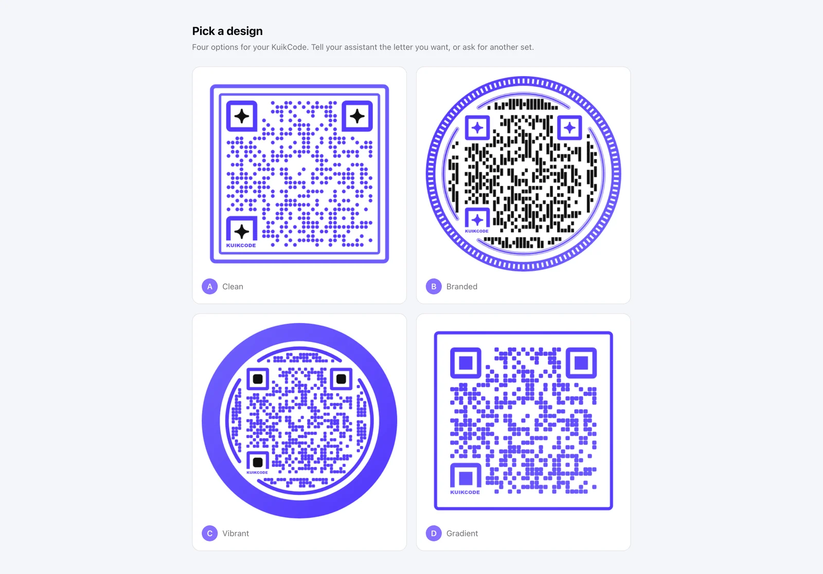 The Pick a design page: four designed variants of the same code lettered A to D, each with its design family named
