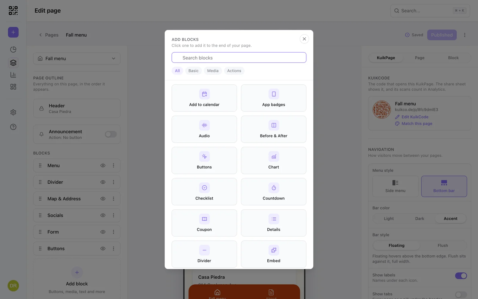 The Add blocks palette