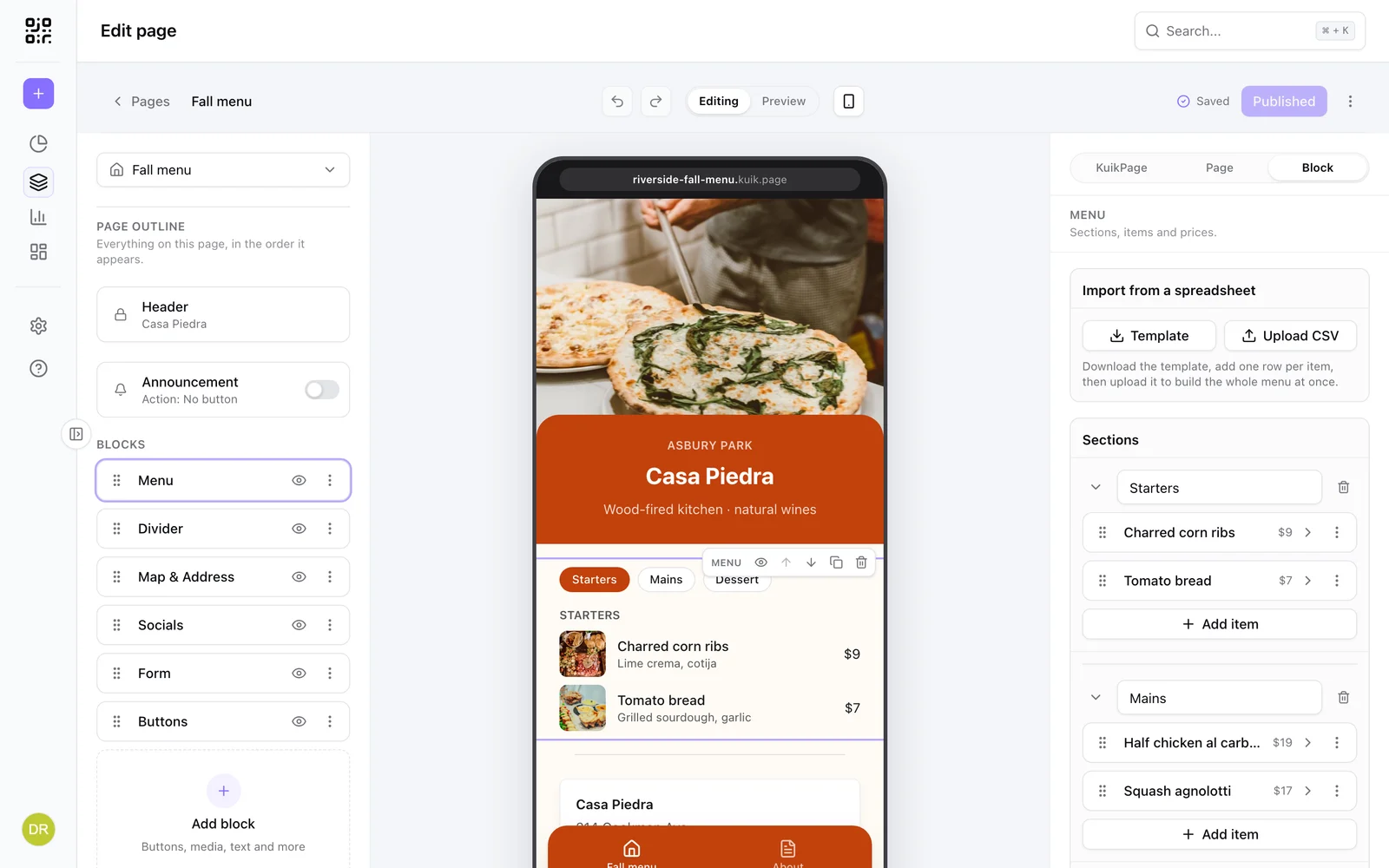 The Menu block selected: CSV import, sections and items in the inspector