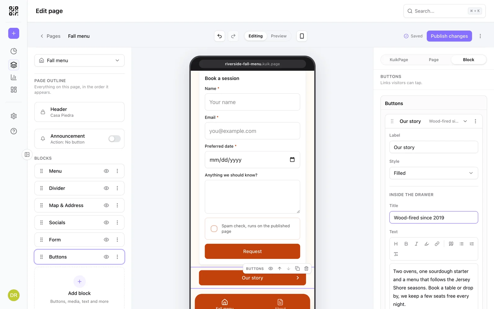 A drawer button's fields: label, style, and the title and text inside the drawer