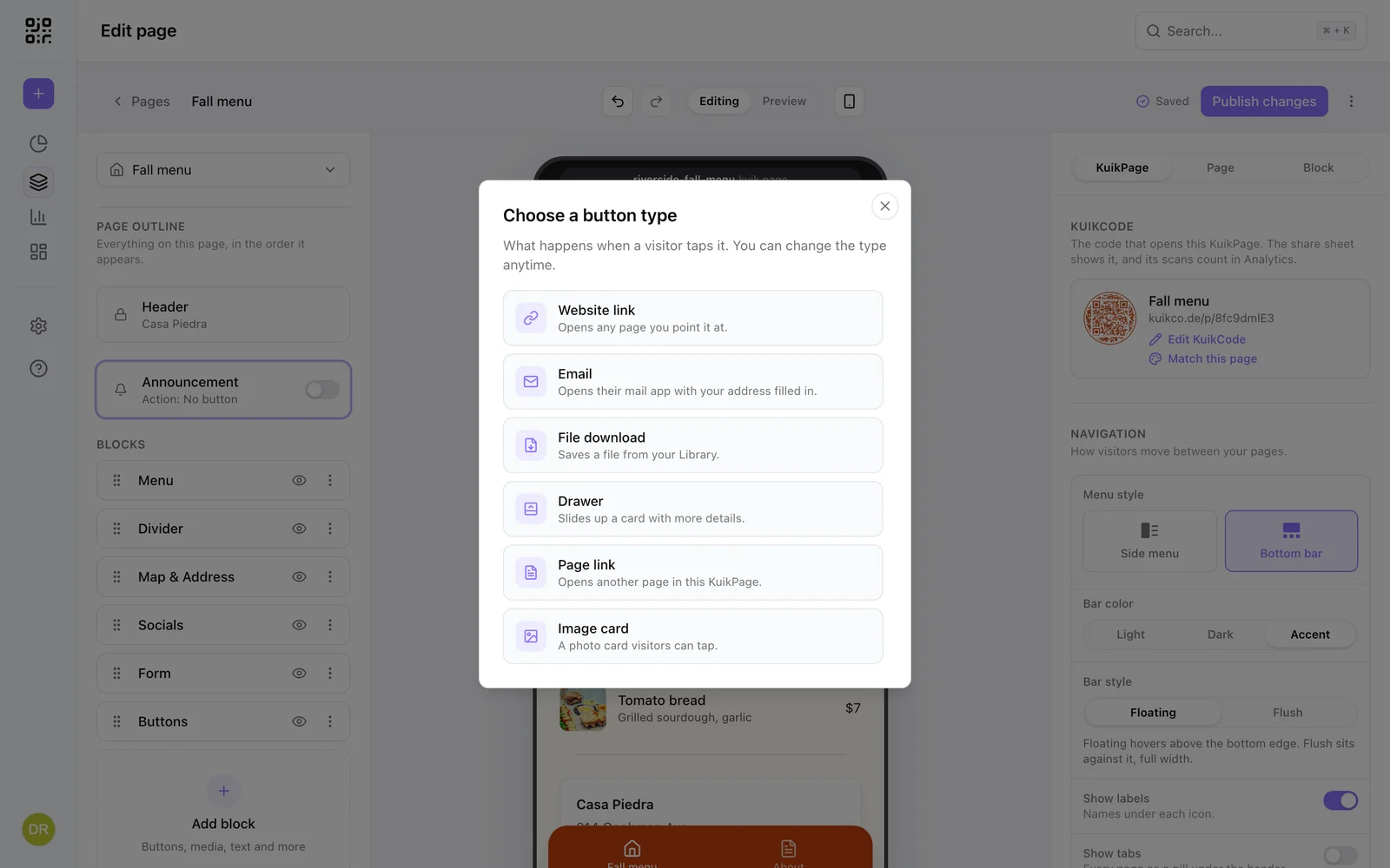 Choose a button type: Website link, Email, File download, Drawer, Page link, Image card